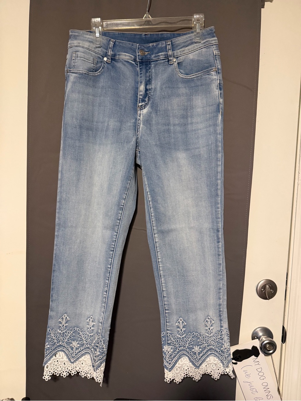 Orly Light Blue Cropped Jeans with White Embroidered Lace Hem